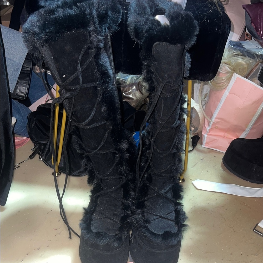 Dollskill Black Fur Lace-Up Boots